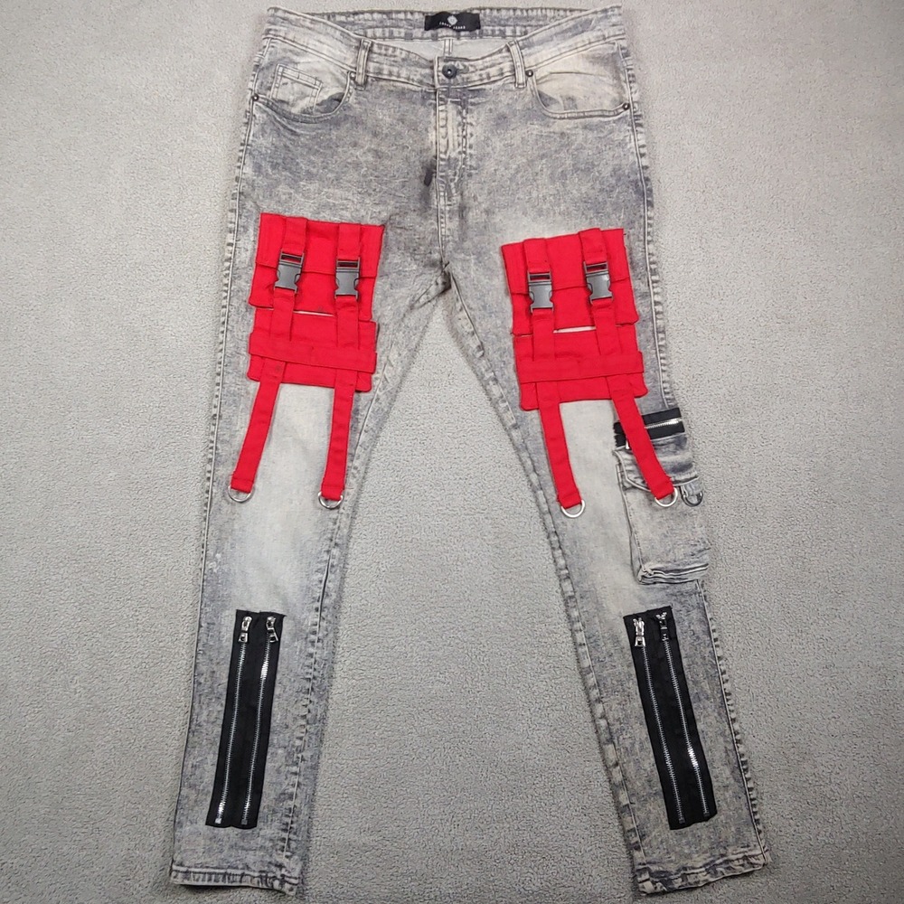 Focus Jeans Denim Pants - Acid Wash - Mens 38x32 Grey Red Buckle Straps Zippers